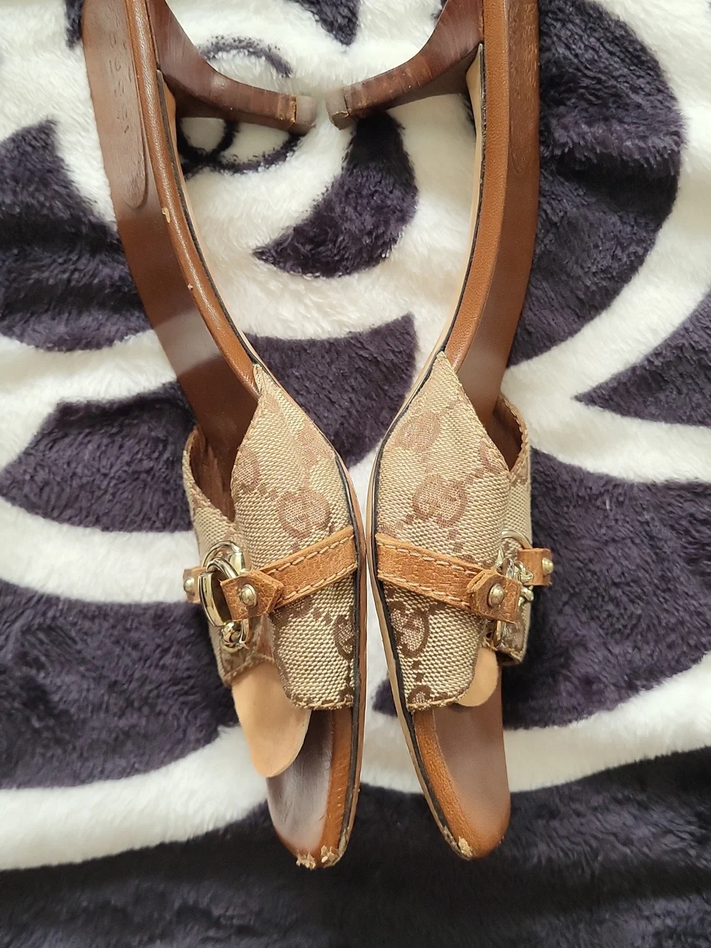 Gucci Brown Monogram Canvas & Leather Slide Mules with Gold Hardware - Picture 10 of 16